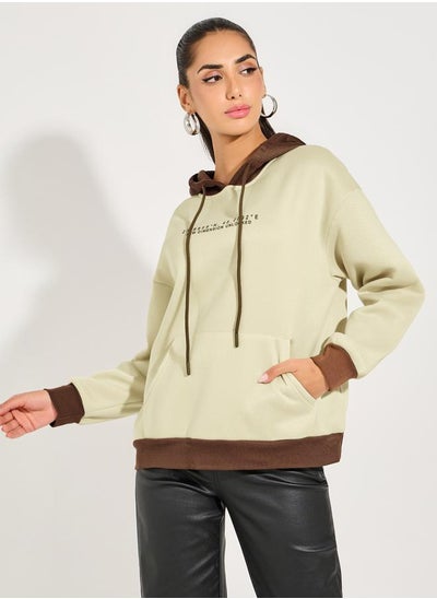 Buy Contrast Cuff Regular Fit Printed Hoodie in Saudi Arabia