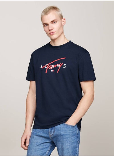 Buy Men's Signature Logo Crew Neck T-Shirt, Blue - Cotton in Saudi Arabia