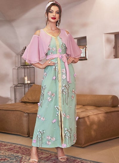 Buy Embroidery Pink Flower Dress Abaya Green in Saudi Arabia