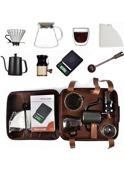 Buy Coffee Set - 9 Pieces with Portable Carry Case, Coffee Kettle with Drip Filter Coffee Share Pot, Filters, Coffee Scale, Double wall Mug, Manual Coffee Grinder TS-05 in UAE