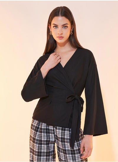 Buy Plain Flared Sleeves Wrap Top in Saudi Arabia