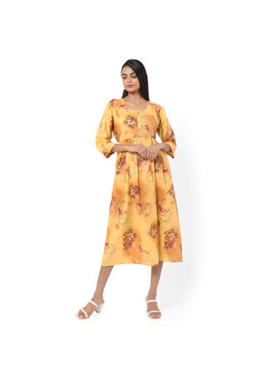 Buy SHORT YELLOW COLOUR HIGH QUALITY FLORAL PRINTED WITH FRONT BUTTONED STYLED ARABIC KAFTAN JALABIYA DRESS in Saudi Arabia