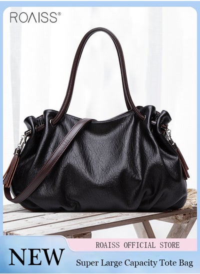 Buy Women's Super Large Capacity Pu Pitot Bag Adjustable And Detachable Shoulder Bag Side Pleated Tassel Handbag in UAE