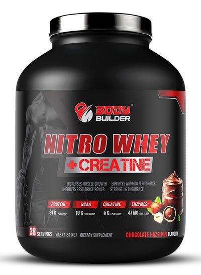 Buy Body Builder Nitro Whey Protein Plus Creatine, Blend Whey Protein Concentrated and Isolated,Contains Digestive Enzymes, Hazelnut Flavor, 4 Lbs in UAE