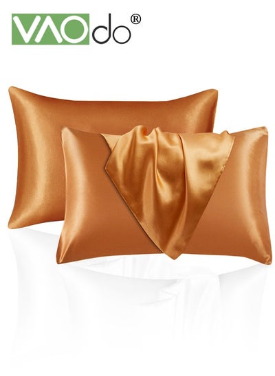 Buy 2Pcs Satin Pillowcase Set Soft Breathable for hair and skin Pillow Cover (51*102CM Orange) in UAE