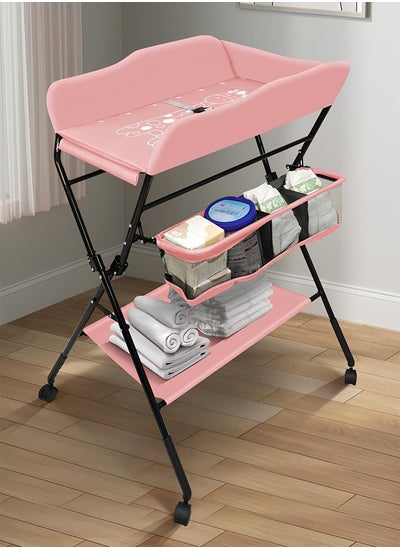 Buy Baby Changing Table Foldable Portable Changing Table with Wheels Adjustable Height (Pink) in Saudi Arabia