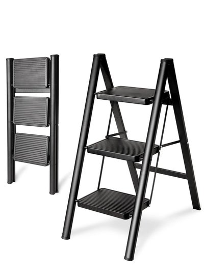 اشتري Steps Ladder,Aluminum Folding Step Stool with Anti-Slip Sturdy and Wide Pedal Light weight, Portable Multi-Use Stepladder for Home and Kitchen Use Space Saving (Black, 3 Steps) في السعودية