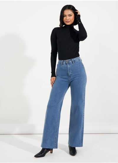 Buy High Rise Straight Fit Jeans with Raw Edge in Saudi Arabia