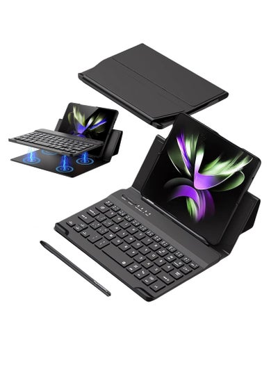 اشتري Bluetooth-Compatible Keyboard for Z Fold 5/4/3 - Portable Magnetic Wireless Keyboard with Folding Flip Stand Pen Holder Leather Case - BLACK في الامارات