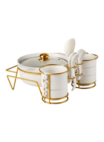 اشتري Shallow Porcelain 15-Piece Soup Set with Matt Fleck Gold Stand Rack في الامارات