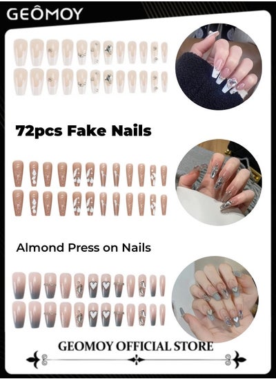 اشتري 3 Packs 72pcs  Almond Press on Nails Long French Tip Fake Nails Tip Full Cover False Nails Acrylic Artificial Nails for Women في الامارات