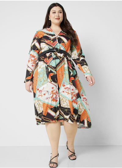 Buy Printed Pleat Detail Fit & Flare Dress in Saudi Arabia