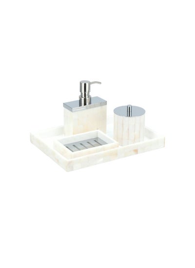 اشتري HOMEZ BATH SET PEARLIZED  5 PCS  TUMBLER , SOAP DISH, SOAP DISPENSER W/PLASTIC CHROME HIGH PUMP, TRAY, COTTON JAR في السعودية