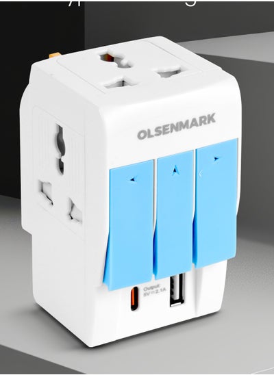 Buy Olsenmark 3-Way Multi Adaptor- OMES1890, Global Compatibility, 3-Way Socket, USB and Type-C Charging Ports, Compact and Portable Design in UAE