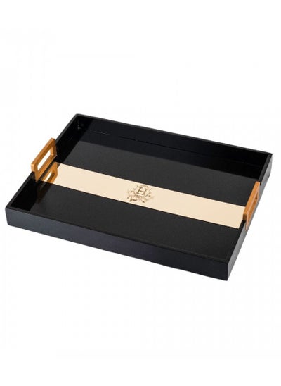 Buy Wooden serving tray black color with gold acrylic pattern in Saudi Arabia