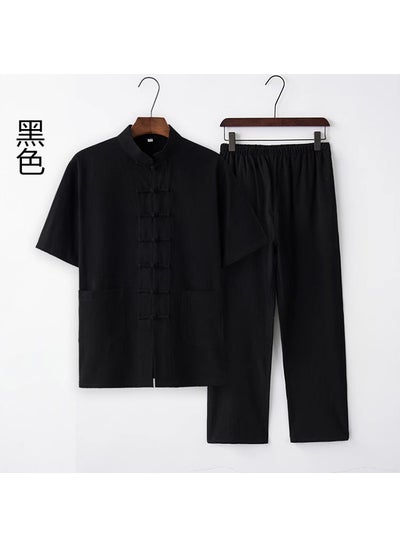 Buy Mens Cotton Linen Tang Suit Summer Casual Black [short sleeve + trousers]] in Saudi Arabia