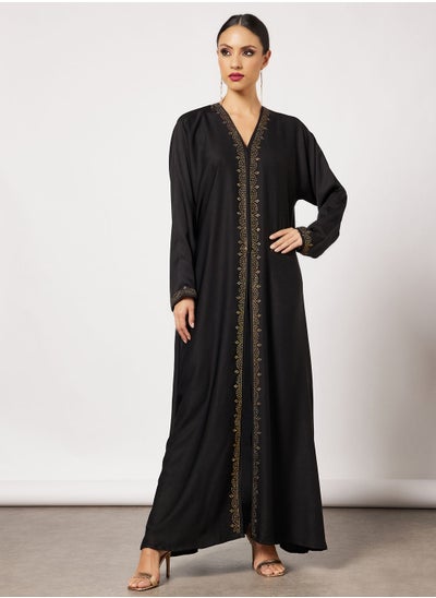 Buy Jersey Abaya With Silver Contrasting Panel And Front Embroidery in Saudi Arabia