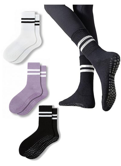 Buy Non Slip Socks Women Fashion All Season Socks Sports Casual Simple Striped Colors for Pilates Yoga Barre Ballet Dance Fitness Football Hospital Mid-Tube Socks Free Size 3-Pair in UAE