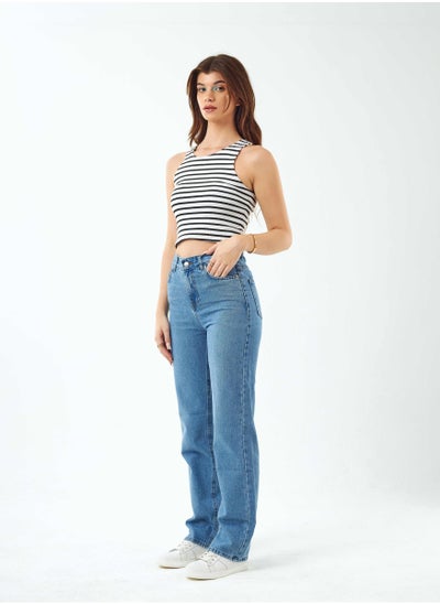 Buy High-Waist Medium Blue Shade Straight Leg Jeans. in Saudi Arabia