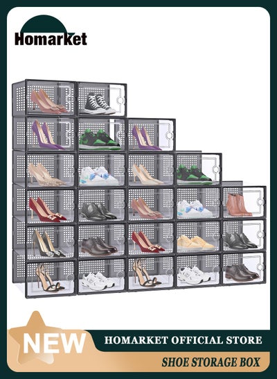 Buy Large Shoe Storage Box, Clear Plastic Stackable Shoe Organizer for Closet, Space Saving Foldable Shoe Rack Sneaker Containers Bins Holders (Black) in UAE