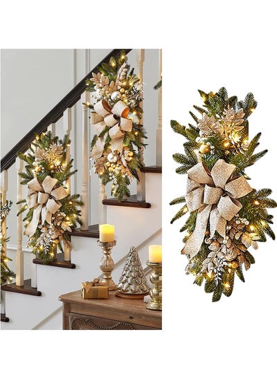 اشتري Christmas Stairway Artificial Swag 24" Christmas Wreaths with LED Light Xmas Door Pendant Prelit Christmas Garland for Stair Railing Wall Window Xmas Decor (Gold) في الامارات