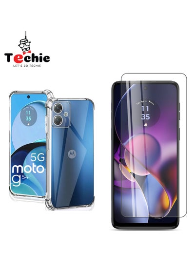 اشتري Motorola Moto G54 Case and Screen Protector Combo Pack 2 in 1 - Transparent TPU Bumper Case with HD Tempered Glass Screen Protector في السعودية