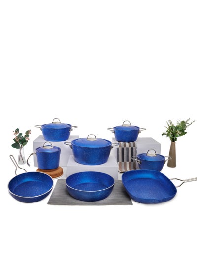 Buy Vision Set of 18 pots 18.20.24.28 + grill 28 + labneh 16 + frying pan 26 + distribution set 5 pcs blue in Egypt