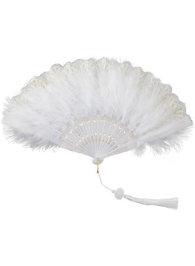 Buy Feather Hand Fan, White Foldable Feather Fan Handheld for Party Wedding Dancing Decoration in Saudi Arabia