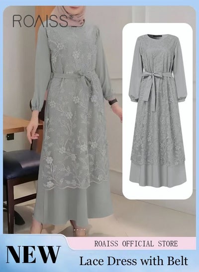 Buy Women's Round Neck Gown Lace Decoration Long Sleeve Waisted Loose Long Dress in Saudi Arabia