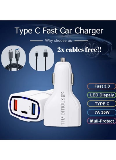 Buy Fast Car Charger, 3-Port Car Charger Adapter, Fast Charging Car Lighter Plug for iPhone, Type-C, Samsung, Huawei etc. (Includes 2 Charging Cables) White in UAE