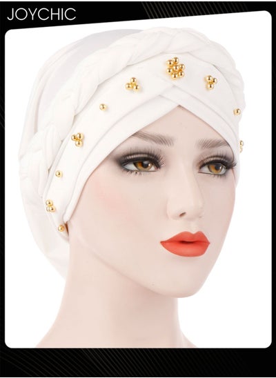 Buy White Spring Autumn Turban Cap Women Wrap Beaded Braid Turban Islamic Muslim Fashion Moisture Wicking Hijab for Women Girls in UAE