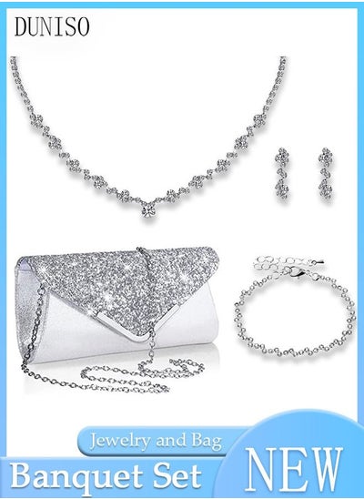 اشتري 4 Pcs Silver Rhinestone Jewelry Set for Women Glitter Evening Clutch Envelope Purse Wavy Design Necklace Earrings Bracelet Set for Ladies Dinner Party Date Wedding في الامارات