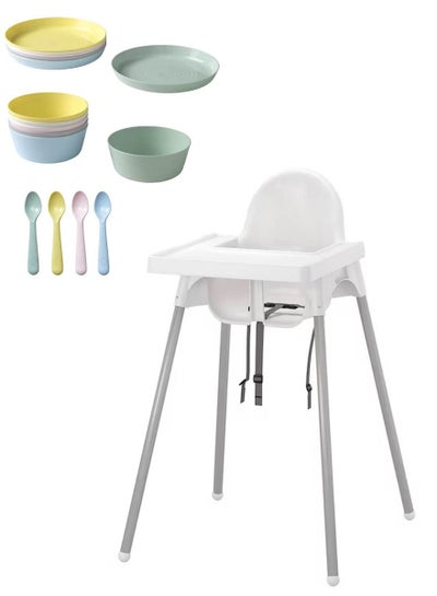Buy Adjustable high chair set with tray, eating utensils and safety belt for children in Saudi Arabia