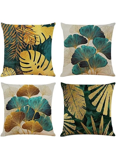 اشتري Covers, Throw Pillow Covers, Linen Square Throw Pillow Covers, Couch Bed Pillowcases, Green, Gold Leaves, for Living Room Sofa, 45cm x 45cm (18x18 inch) 4 PCS في الامارات