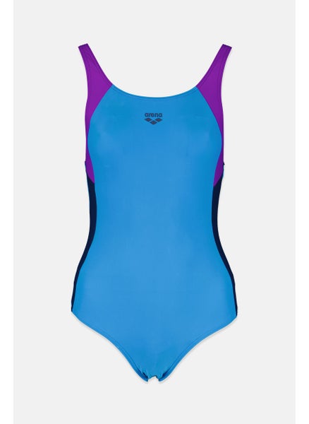 Buy Women Brand Logo Sleeveless One Piece Swimsuit, Blue and Navy and Purple in Saudi Arabia