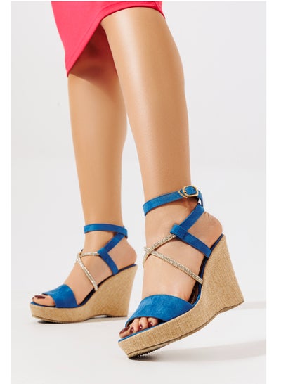 Buy Sandal Heels Wedge Suede With Diamond Straps W-7 - Blue in Egypt