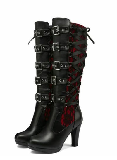 Buy Women Lace Goth Knee High Boots Buckle Block Heel Lace Up Knee Boots Punk Platform Back Zipper Riding Bootie Red/Black in Saudi Arabia