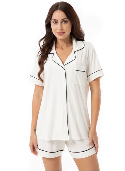 اشتري PopCollective Women's 2 Piece Pyjama Eberjey Style Set Suit Soft Cotton button-up top and shorts Set Classic Solid Color Lapel Pyjama Set في الامارات