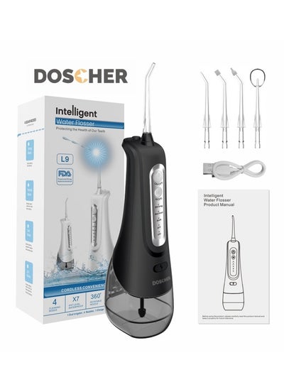 Buy L9 Water Dental Flosser Teeth Pick - Stylishly Designed, Cordless & Portable, 4 Modes for Optimal Oral Health, 4 Replaceable Jet Tips, IPX7 Waterproof for Home and Travel, 300ml Black in Saudi Arabia