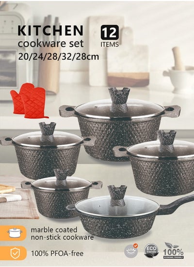 Buy 12-Piece Kitchen Cookware set, Casserole Set And Frying Pan With Non Stick Cookware sets ,Finish Glass lid PFOA-Free  20-24-28-32 cm (Deep Stockpot) + 28 cm (deep Frying Pan)+ Pair Of Gloves（Black） in Saudi Arabia