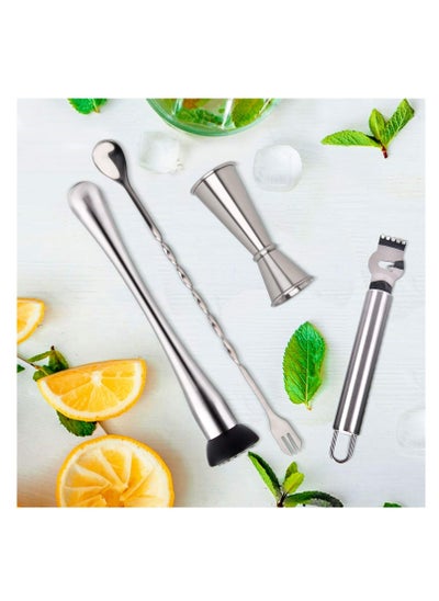 اشتري Cocktail Bar Tools, 4 Pack Stainless Mixing Spoon Double Cocktail Jigger Cocktail Ice Muddler Lemon Fruit Grater Bar Strainer في الامارات