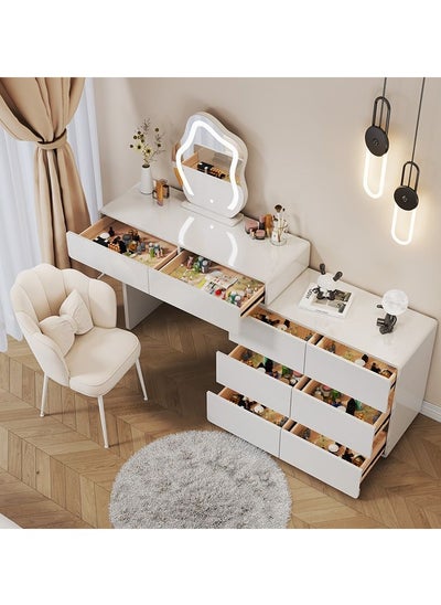 Buy Bedroom Set Adjustable Dressing Table With Mirror Wooden Make Up Table With Led Light in UAE