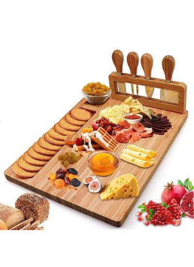 Buy Bamboo Cheese Board Set, Cheese Tray, Charcuterie Board and Serving Meat Platter with 4 Stainless Steel Cheese Knives, Ideal for Wedding Gifts Birthday Party in Saudi Arabia