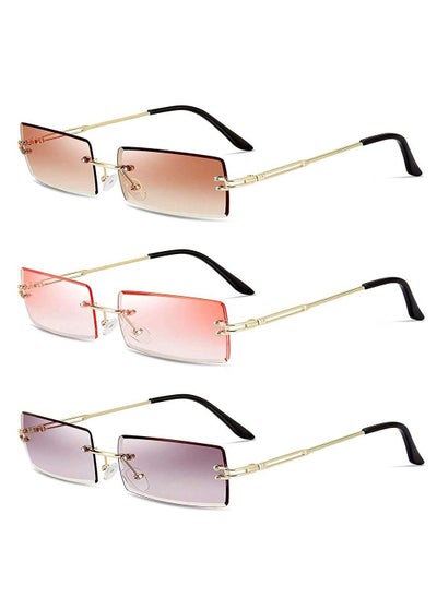 Buy 3Pcs Rimless Rectangle Sunglasses Exquisite Girl Color Rimless Glasses Ladies Retro Transparent Rectangle Glasses in Saudi Arabia