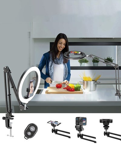 Buy Overhead Camera Mount with 10" Ring Light and Phone Holder for Desk,Phone Mount Arm Stand with Remote for iPhone,Overhead Tripod for Viedo Recording Vlog YouTube TikTok Live Stream Cooking Nail Art in Saudi Arabia