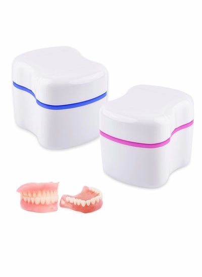 اشتري Denture Bath Case, Denture Cups Container with Basket Denture Holder 2 Pack (Blue, Red) في الامارات