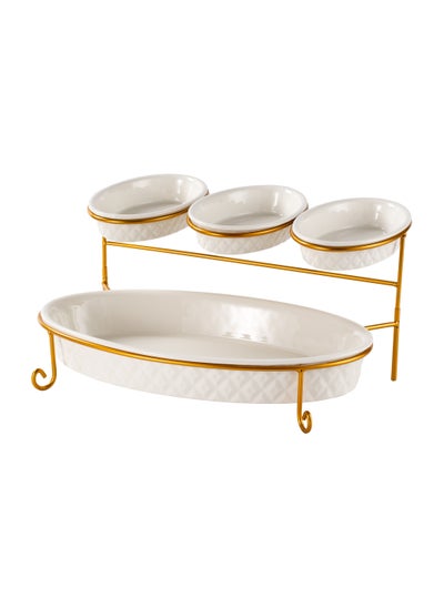 Buy Shallow Porcelain 2-Tier Oval Serving Set - Gold Stand Rack - 3x 20cm and 1x 40cm in UAE