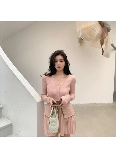 Buy Elegant Tweed Skirt Suit Set Spring AutumnPink top + pleated skirt Pink top + pleated skirt in UAE