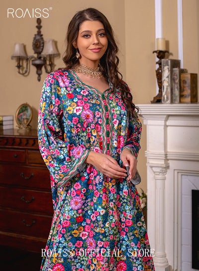 Buy Ramadan Women Muslim Dress V-Collor Embroidery Evening Party Gown Bell Sleeve Long Dresses Party Robe Women Floral Embroidery Islamic Dresses in UAE