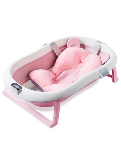 Buy Baby Foldable Bath Tub with Bathmat Cushion & Thermometer, Portable Baby Bathtub with Drain Hole, Shower Basin with Non-Slip Support Leg for 0-6 Years Boy Girl (Pink) in UAE